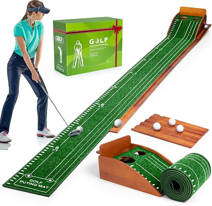 Putting Green Indoor and Outdoor, Golf Putting Mat with Auto Ball Return, Wrinkle-Free & Simulates Real Golf Putting Green - Putting Practice Mat for Office Home, Golf Gifts for Men, Dual-Hole-StrideForce Fitness