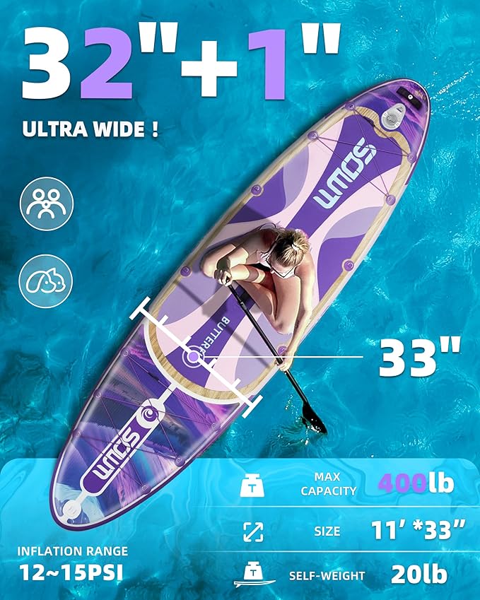 Inflatable Paddle Boards 11'x33'', Stand Up SUP Paddle Board Inflatable for Adults Youth, Extre Wide & Non-Slip Sup of All Skill Levels-StrideForce Fitness