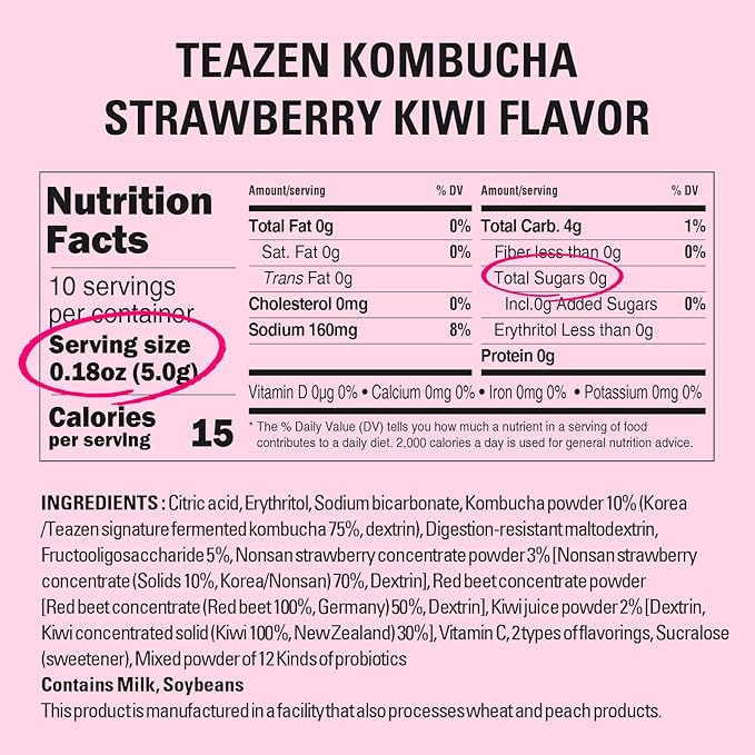 TEAZEN Strawberry Kiwi Kombucha Tea, Hydration Drink Mix, Sugar Free, Live Probiotics & Prebiotics, 10 Sticks, 1.76oz-StrideForce Fitness