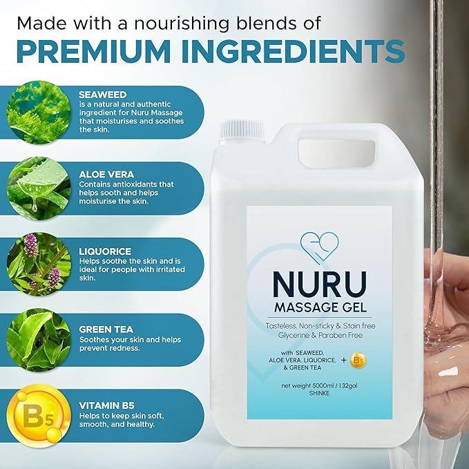 Nuru Massage Gel (1.32 gal) | Water-Based | Paraben & Glycerine Free | Formulated with Natural Seaweed, Green Tea, Liquorice Extract, Vitamin B5, & Organic Aloe Vera