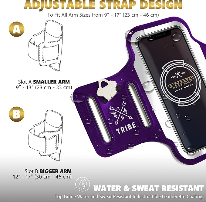 TRIBE Running Phone Holder Armband. iPhone & Galaxy Cell Phone Sports Arm Bands for Women, Men, Runners, Jogging, Walking, Exercise & Gym Workout. Fits All Smartphones. Adjustable Strap, CC/Key Pocket-StrideForce Fitness