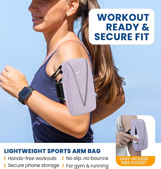 HiRui Cell Phone Holder Arm Bag & Wrist Bag for Phone, Sports Running Armband for Gym & Cycling, Compatible with iPhone 16/16Pro/Plus/15/14 Samsung Galaxy All Phones, Reflective & Adjustable (Purple)-StrideForce Fitness