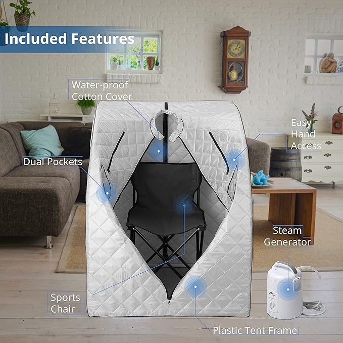 Durasage Oversized Portable Personal Steam Sauna Spa with 800W Steam Generator, 60-Minute Timer, Dual Pockets, Zippered Hand Openings & Chair for at-Home Relaxation (Silver, 33"x31.5"x41")-StrideForce Fitness