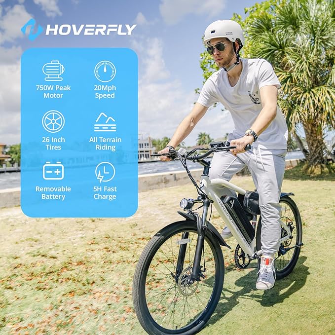 HOVERFLY OUREA 26" Electric Bike for Adults, 750W Peak Motor Mountain Ebike, 20MPH Up to 40 Miles, UL2849 Certified, 7-Speed, Removable Battery, Shock Absorber, Fat Tire Commuter E-Bike-StrideForce Fitness