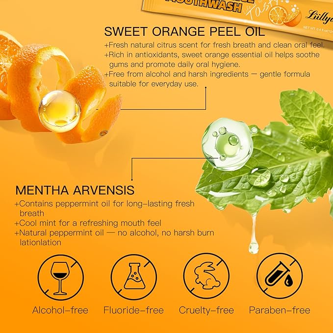 Mouthwash Travel Size, Individual Mini Mouthwash Alcohol Free, Orange Mint for Fresh Breath, Oral Care, Teeth & Gum Health, TSA Compliant, Portable Packets to Go, 0.41 Fl Oz x 20 Packs