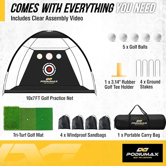 PodiuMax Golf Net, 10x7ft Golf Practice Net and Mat, Noise Reduce Target, 5 Balls, 4 Sandbags, Tee, Carry Bag, Hitting Nets for Backyard Garage, Indoor Driving Chiping, Gift for Men & Golfers-StrideForce Fitness