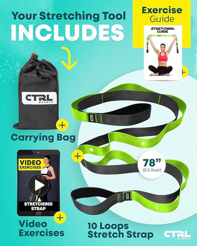 Stretching Strap with Loops - Non Elastic Stretch Band for Physical Therapy, Yoga Strap for Stretching Equipment, Stretch Bands for Exercise and Flexibility - Fascia, Hamstring & Leg Stretcher Belt-StrideForce Fitness