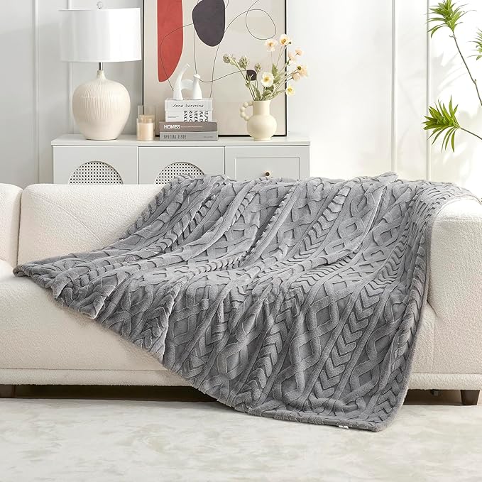 Cozy Bliss Faux Fur Throw Blanket for Couch, Jacquard Fuzzy Plush Soft Thick Winter Throw Blanket for Sofa Bed Living Room Bedroom，50"x60" Grey-StrideForce Fitness