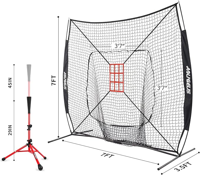 7'X7' Baseball Softball Practice Net,Pitching Net,Batting Net,with Baseball Tee,Bonus Strike Zone and Bow Frame,for Hitting,Pitching, Catching-StrideForce Fitness