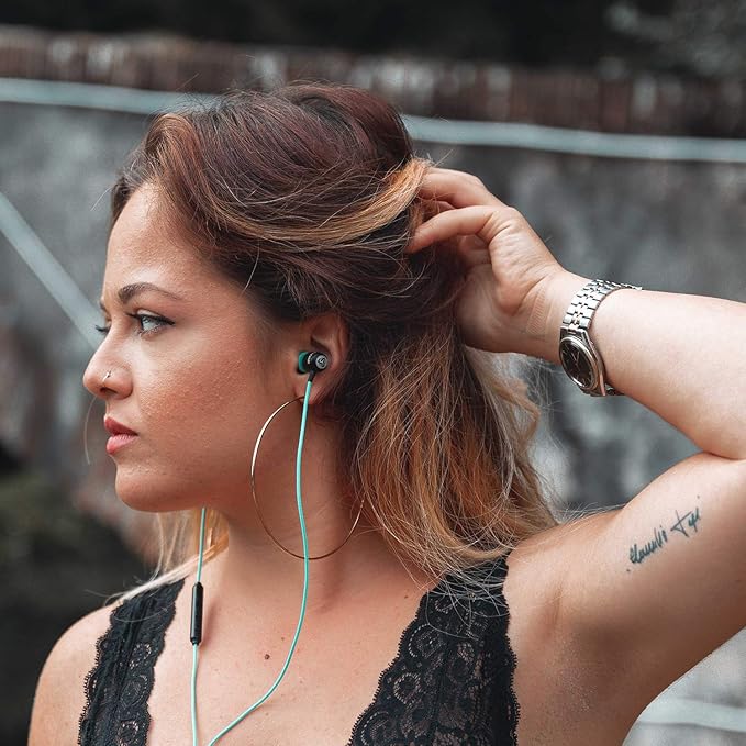 LUDOS Clamor Wired Earbuds in-Ear Headphones, 5 Years Warranty, Earphones with Mic, Noise Isolating Ear Buds, Memory Foam for iPhone, Samsung, School Students, Kids, Women, Small Ears - Turquoise-StrideForce Fitness