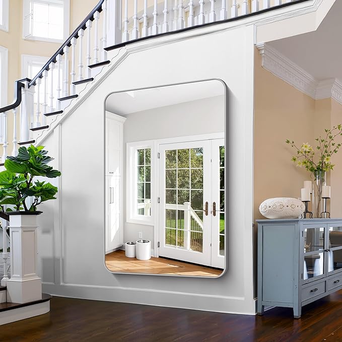 FORBATH 60x40 Inch Silver Bathroom Mirror for Over Sink, Large Rectangular Wall Mirror with Metal Frame, Rounded Corners for Bathroom, Bedroom, Entryway Decor (Horizontal or Vertical)-StrideForce Fitness