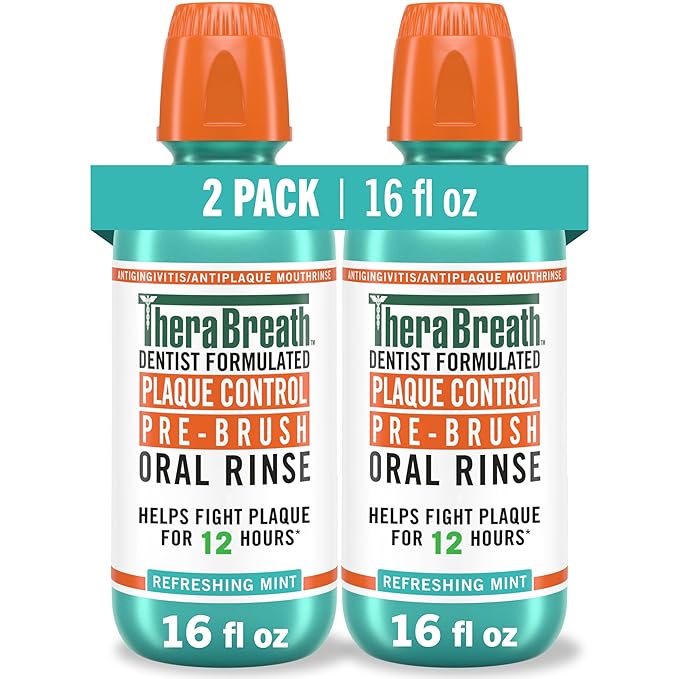 TheraBreath Plaque Control Pre-Brush Oral Rinse, Refreshing Mint Flavor, Antigingivitis and Antiplaque Rinse, Dentist Formulated, Alcohol Free, 16 Fl Oz (Pack of 2)