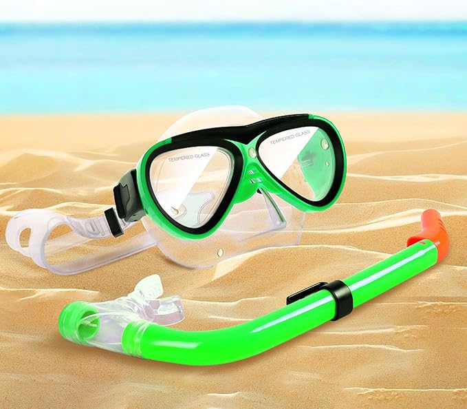 GreenLF Kids Snorkel Set, Anti-Fog Snorkeling Mask with Nose Covers for Youth Junior Child, Boys & Girls Age 5-12, Semi-Dry Diving Scuba Swimming Goggles Gear Packages-StrideForce Fitness