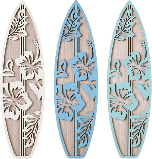 RattanView 3 Pieces Hibiscus Surfboard Decor for Bedroom Wooden Beach Wall Decor Summer Wood Surfboard Wall Hanging Sign for Tropical Living Room Decoration (Blue)-StrideForce Fitness