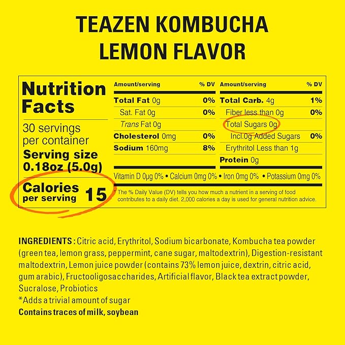 TEAZEN Lemon Kombucha Tea, Hydration Drink Mix, Sugar Free, Live Probiotics & Prebiotics, 30 Sticks, 5.29oz-StrideForce Fitness