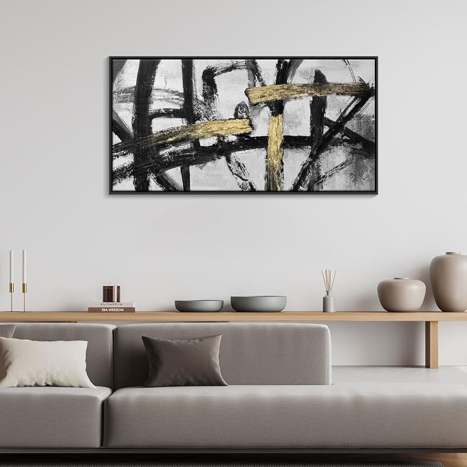 CHATYOUNG Wall Art Modern Abstract Paintings - Large Golden Thread Canvas Prints Black White and Gold Interweaving Wall Pictures Prefer for Bedroom Living Room Office Decor,Framed, 29 x 58 In-StrideForce Fitness