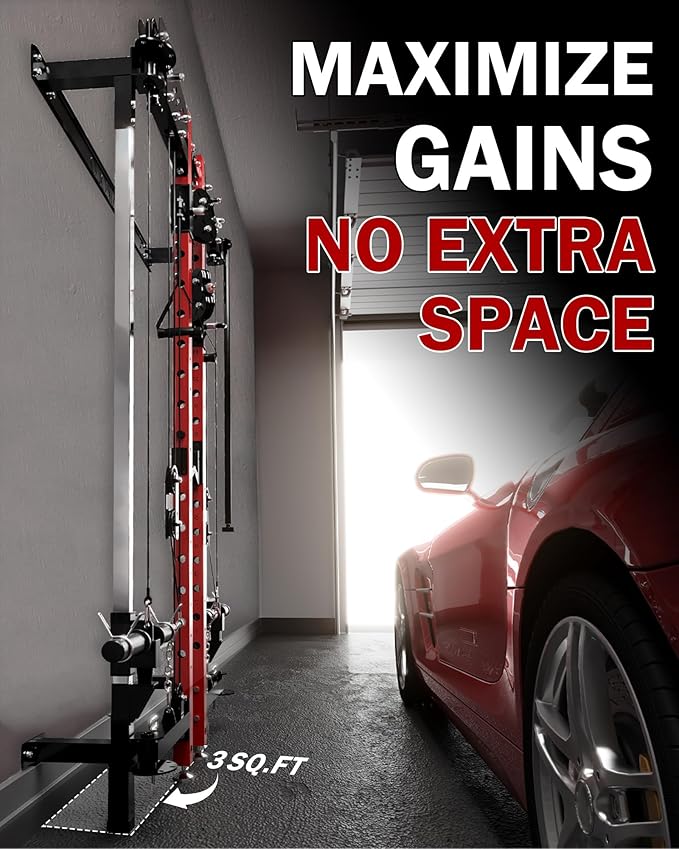 Mikolo Folding Squat Rack, Wall Mounted Power Rack with Cable Crossover Machine & LAT Pull Down, Functional Trainer with 5 Adjustable Function Modes, for Home Gym and Space Saving-StrideForce Fitness