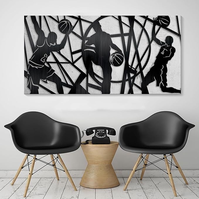 Large Sports Wall Art, Black and White Wall Art Basketball Poster Canvas Print Modern Pictures Paintings Ready to Hang Boys Teen Room Bedroom Home Office Gym Decor 29x58 IN-StrideForce Fitness