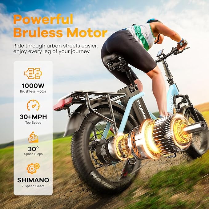 Folding Electric Bike for Adults with Peak 1000W Motor, 48V 20AH Battery up to 30MPH 80 Miles, 20" Fat Tire All Terrain Ebike, Front Suspension 7-Speed Commuter E Bike, Step-Thru, UL Certified-StrideForce Fitness