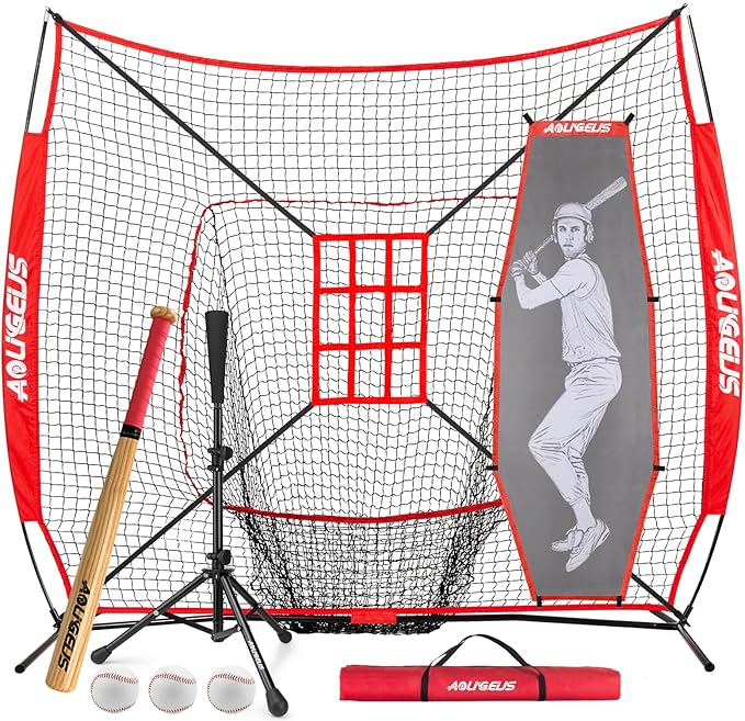 7'X7' Baseball Softball Practice Net,Pitching Net,Batting Net,with Baseball Tee,Bonus Strike Zone and Bow Frame,for Hitting,Pitching, Catching-StrideForce Fitness