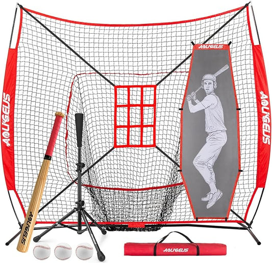 7'X7' Baseball Softball Practice Net,Pitching Net,Batting Net,with Baseball Tee,Bonus Strike Zone and Bow Frame,for Hitting,Pitching, Catching-StrideForce Fitness