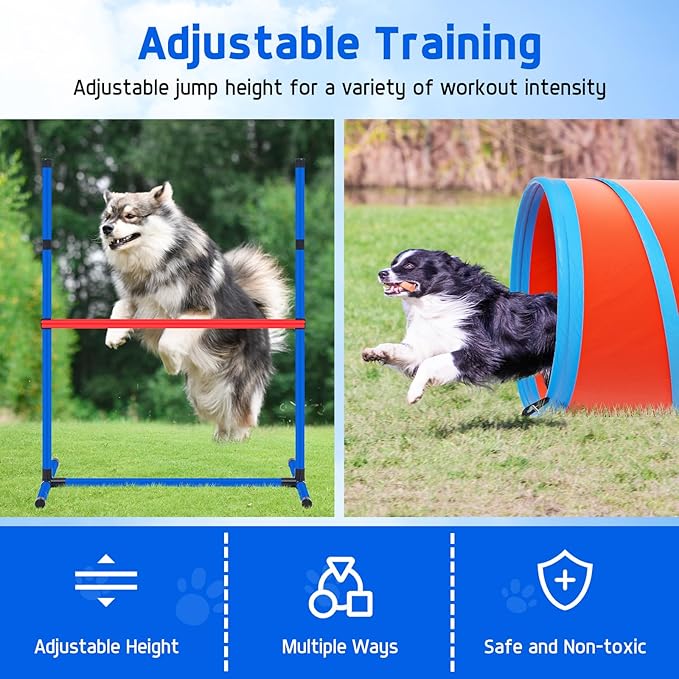 Dog Agility Training Equipment Set, Obstacle Courses Agility Training Kit for Puppy Includes 2 High Hurdles, Standard Tunnel, Blind Tunnel, Jumping Ring, 6 Weave Poles, Pause Box and 2 Carrying Bags-StrideForce Fitness