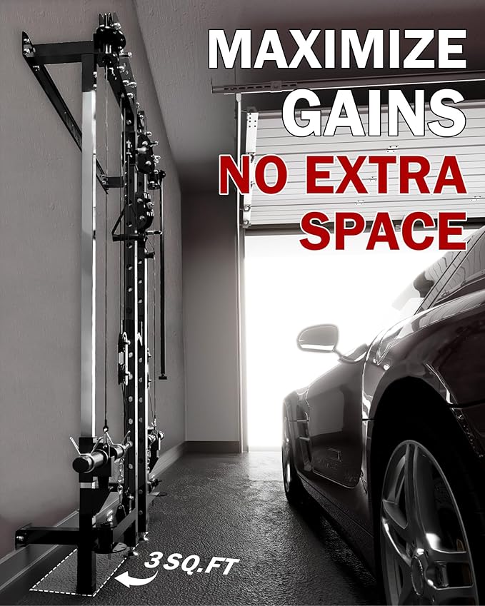 Mikolo Folding Squat Rack, Wall Mounted Power Rack with Cable Crossover Machine & LAT Pull Down, Functional Trainer with 5 Adjustable Function Modes, for Home Gym and Space Saving-StrideForce Fitness