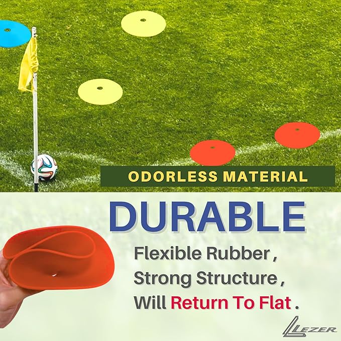 LEZER 6 Inch 8 Inch Flat Cones, Spot Markers, Soccer Cones, Field Court Markers, Sit Spots, Flat Discs, Soccer Training Equipment, Agility Practice, Football, Made in Taiwan-StrideForce Fitness