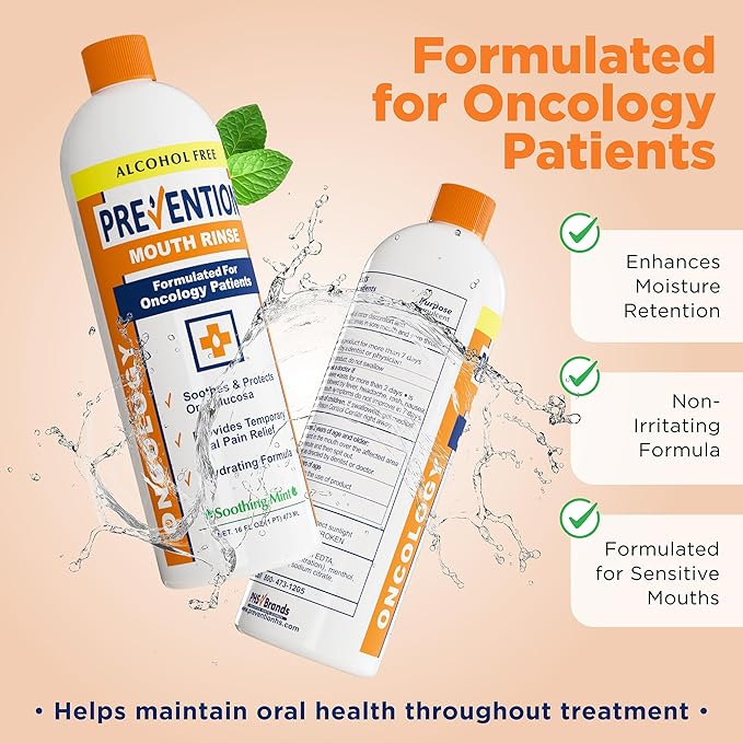 Prevention Oncology Alcohol Free Mouthwash, Soothing, Gentle, & Moisturizing, Mouthsore and Dry Mouth Mouthwash Specially Formulated for Patients Undergoing Oncology Treatment - 16 oz, Value 2-Pack