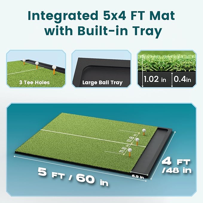 Golf Hitting Mat with Ball Tray, 5x4 & 6x4 ft, 26mm/31mm Thick, Standard & Alignment Line Options, Premium Golf Practice Mat for Indoor Outdoor Swing & Chipping-StrideForce Fitness