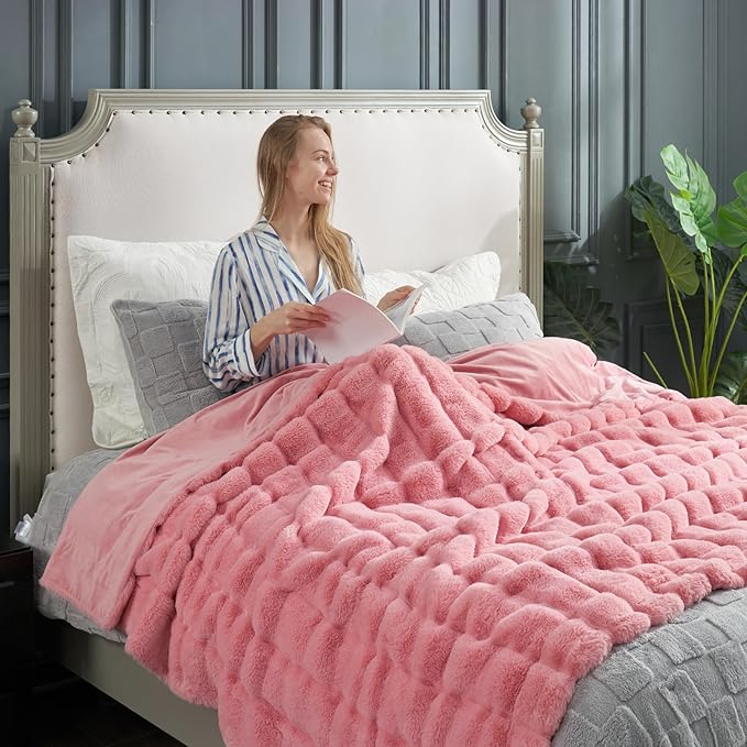 Cozy Bliss Faux Fur Throw Blanket for Couch, Cozy Warm Plush Striped Blanket for Sofa Bedroom Living Room, 90 * 90 Inches Hot Pink-StrideForce Fitness