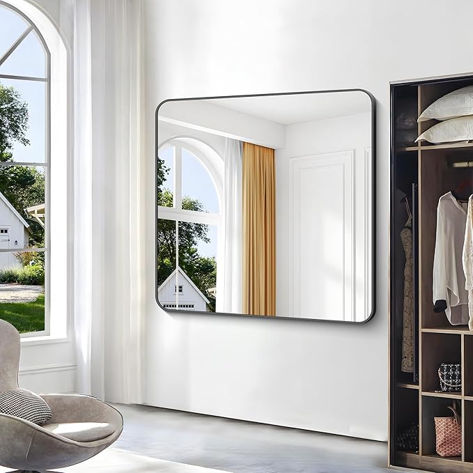 48x48 inch Bathroom Mirror,Black Rectangle Mirror,Wall Mounted Bathroom Frame Vanity Mirror with Round Corner for Bedroom Living Room,Entryway Hangs Horizontal or Vertical-StrideForce Fitness
