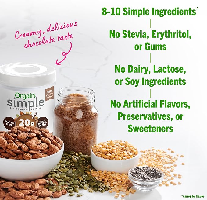 Orgain Organic Simple Vegan Protein Powder, Chocolate - 20g Plant Based Protein, Made with less Ingredients, No Artificial Sweeteners, Gluten Free, No Dairy or Lactose, 1.25 lb (Packaging May Vary)-StrideForce Fitness