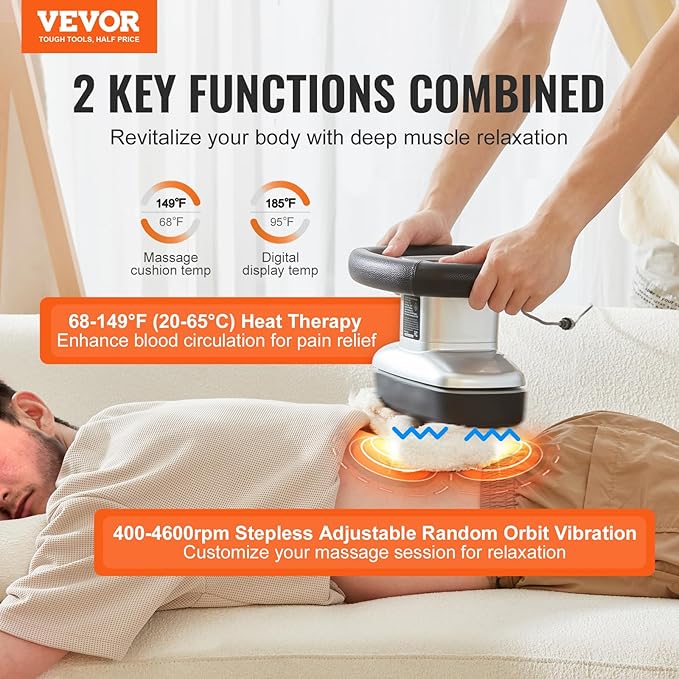 VEVOR Chiropractic Massager with Heat and Adjustable Vibration, Professional Orbital Handheld Therapeutic Body Massage Tool for Back, Neck, Shoulder Muscle Pain Relief