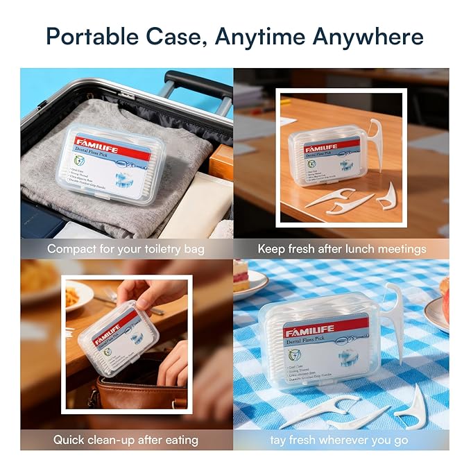 FAMILIFE Floss Picks, 240 Count Unflavored Dental Floss Cleaner, Tooth Picks Flossers with 4 Travel Handy Cases, Helps to Fight Tooth Decay and Keep Your Teeth Clean,Flossing Sticks for Family