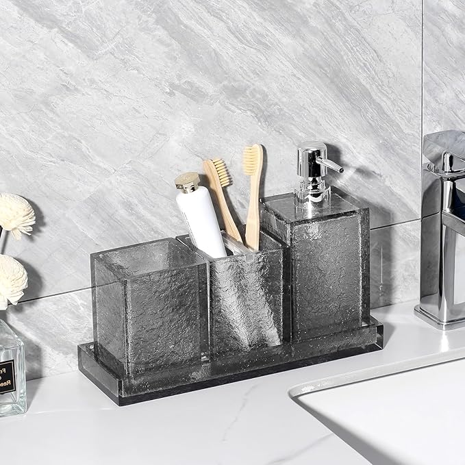 Bathroom Accessories Set, 4Pcs Hand Soap Dispenser and Toothbrush Holder Set, Tumbler Mouthwash Cup, Vanity Tray for Modern Home Decor Bathroom Countertop Organizer (Grey)