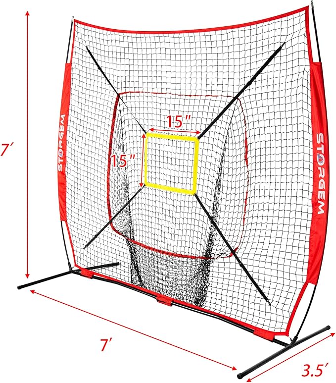 Storgem Baseball and Softball Practice Net 7×7ft Portable Hitting Pitching Batting Training Net Baseball Backstop Net with Batting Tee and Strike Zone and Bow Frame-StrideForce Fitness