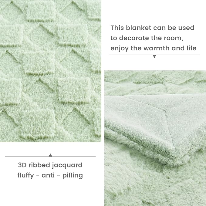 Cozy Bliss Faux Fur Throw Blanket for Couch - Soft Checkered Fuzzy Cozy Throw Gift Blankets for Women,Sage Green Boho Blanket for Sofa Bedroom Living Room.50 * 60 Inches-StrideForce Fitness