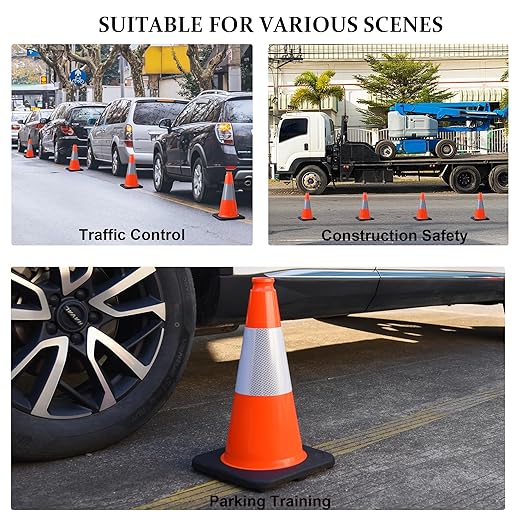 OrangeStar 4-Pack 18" Traffic Cones with Weighted Rubber Base, 6" Reflective Collar, Orange Safety Cones for Parking Lot, Road Construction, Warehouse, Highway, Weatherproof PVC-StrideForce Fitness