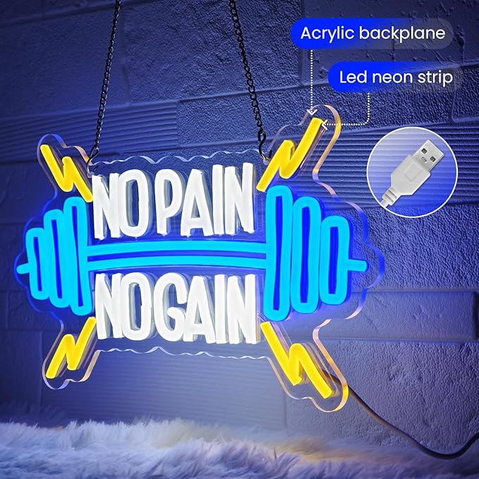 No Pain No Gain Neon Sign for Gym Wall Decor,Led Sign,Neon Lights for Bedroom,Motivational LED Light Up Sign for Home Fitness Room,Garage,Workout,Man Cave,Blue & Yellow Barbell Neon Light-StrideForce Fitness