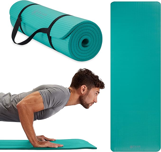 Gaiam Essentials Thick Yoga Mat Fitness & Exercise Mat with Easy-Cinch Yoga Mat Carrier Strap, 72"L x 24"W x 2/5 Inch Thick-StrideForce Fitness