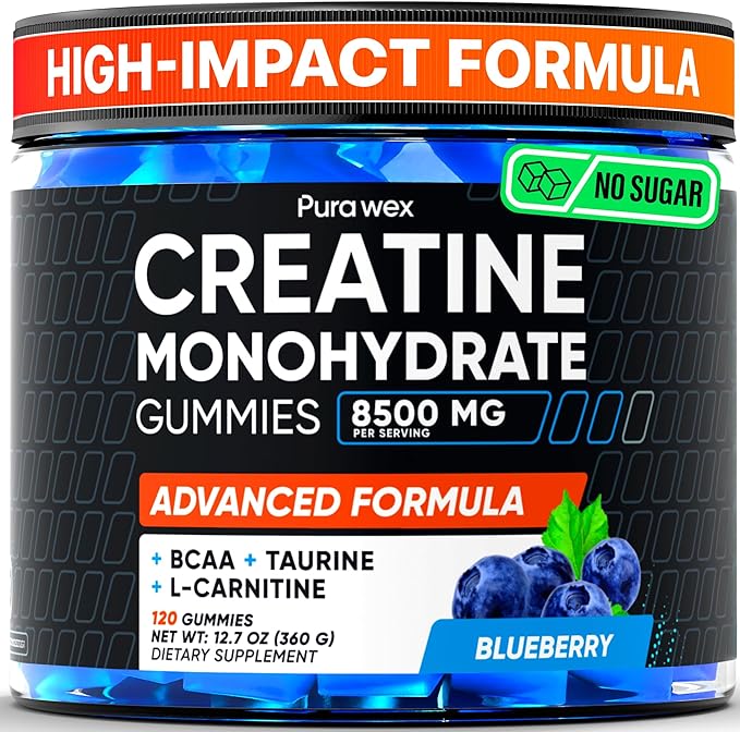 Creatine Monohydrate Gummies 8500mg Complex for Men & Women - Pre Workout Creatine Chews for Muscle Growth, Strength & Energy, Sugar Free, Vegan, Blueberry Flavor - 120 Count-StrideForce Fitness