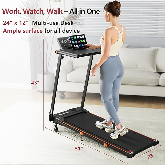Foldable Treadmill with Incline Treadmill with Home Removable Desk Workstation 3.0 HP 3 in 1 Folding Small Compact Walking Treadmills 300 Lbs Capacity for Home Office-StrideForce Fitness