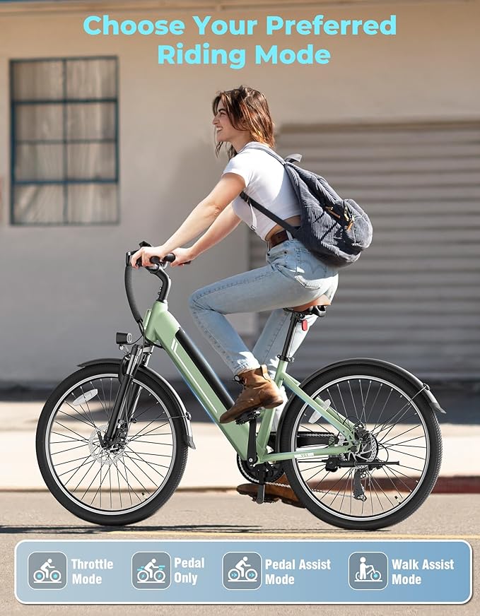 Jasion YC1/ST 26" Electric Bike, 750W Peak Motor, Step-Through Ebike for Adults, 360WH Removable Battery, Up to 40miles, Max 23MPH Urban Commuter E-Bike, 7 Speeds & Front Suspension-StrideForce Fitness