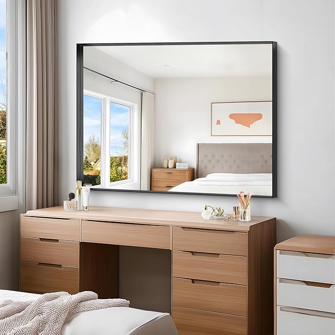 Black Bathroom Mirror, 36x48 Inch Rectangular Deep Frame Mirror, Large Wall Mounted Bathroom Vanity Mirror Over Sink for Bedroom,Restroom, Living Room, Hangs Vertically or Horizontally-StrideForce Fitness