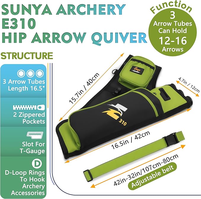 SUNYA Archery Hip Quiver for Arrows. Includes 3 Tubes Arrow Holder, Accessories Pockets and Waist Belt. Fit for Compound and Recurve Bow Practice.-StrideForce Fitness