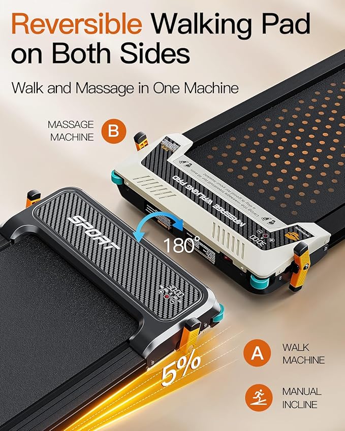 FUNRAY Versatile Walking Pad Treadmill with Incline - Dual-Sided Under Desk Treadmill with Foot Massage,2 in 1 Walking Machine for Home/Office with 330LBS Weight Capacity-StrideForce Fitness