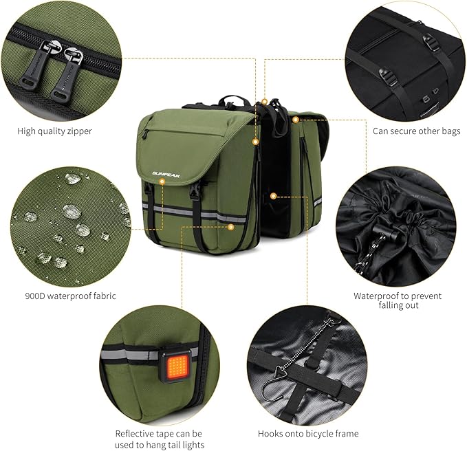 Bike Bag Accessories Panniers for Bicycle Rear Rack Bag 36L Waterproof Mountain Electric Bike Saddle Bag for Cycling Traveling Commuting Green-StrideForce Fitness