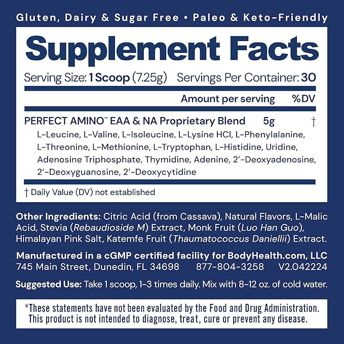 BodyHealth PerfectAmino Powder - BCAA and EAA Powder for Pre and Post Workout - Amino Acid Energy Drink for Men and Women to Support Lean Muscle and Recovery - Strawberry - 30 Servings-StrideForce Fitness