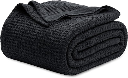 Bedsure 100% Cotton Blanket King Size for Bed - Breathable and Soft, Waffle Weave Blanket for Summer, Thick Cozy Fall Blankets for Women Gift, Black, 104x90 inches-StrideForce Fitness